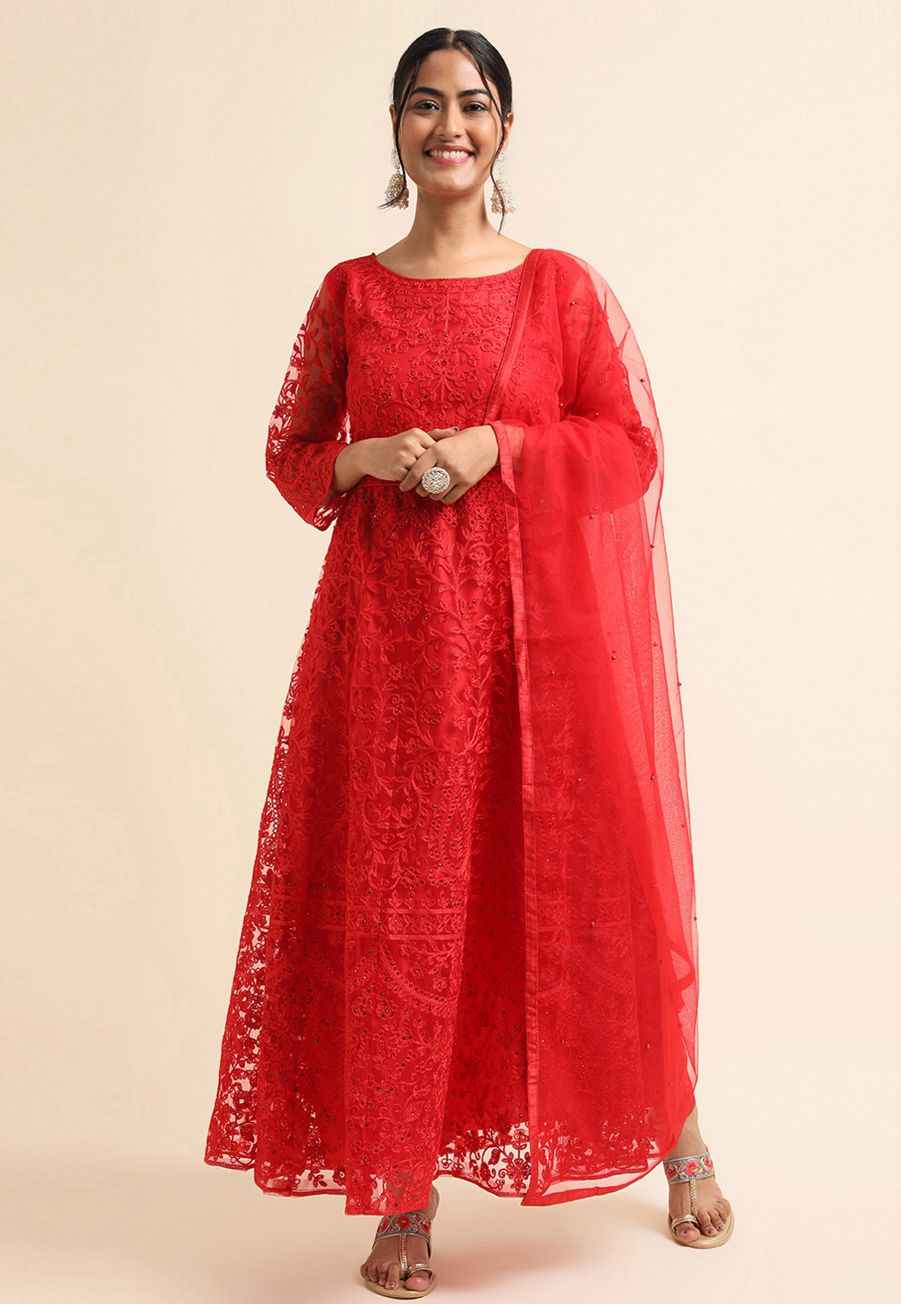 Red Net Abaya Style Anarkali Suit 271699