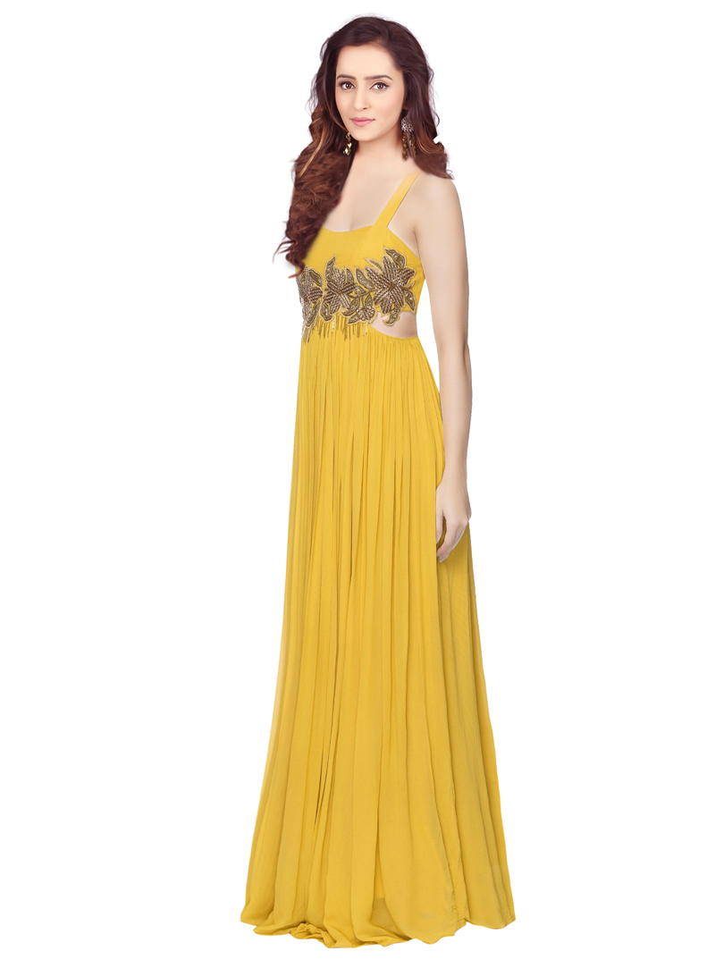 Yellow Georgette Readymade Gown 117414