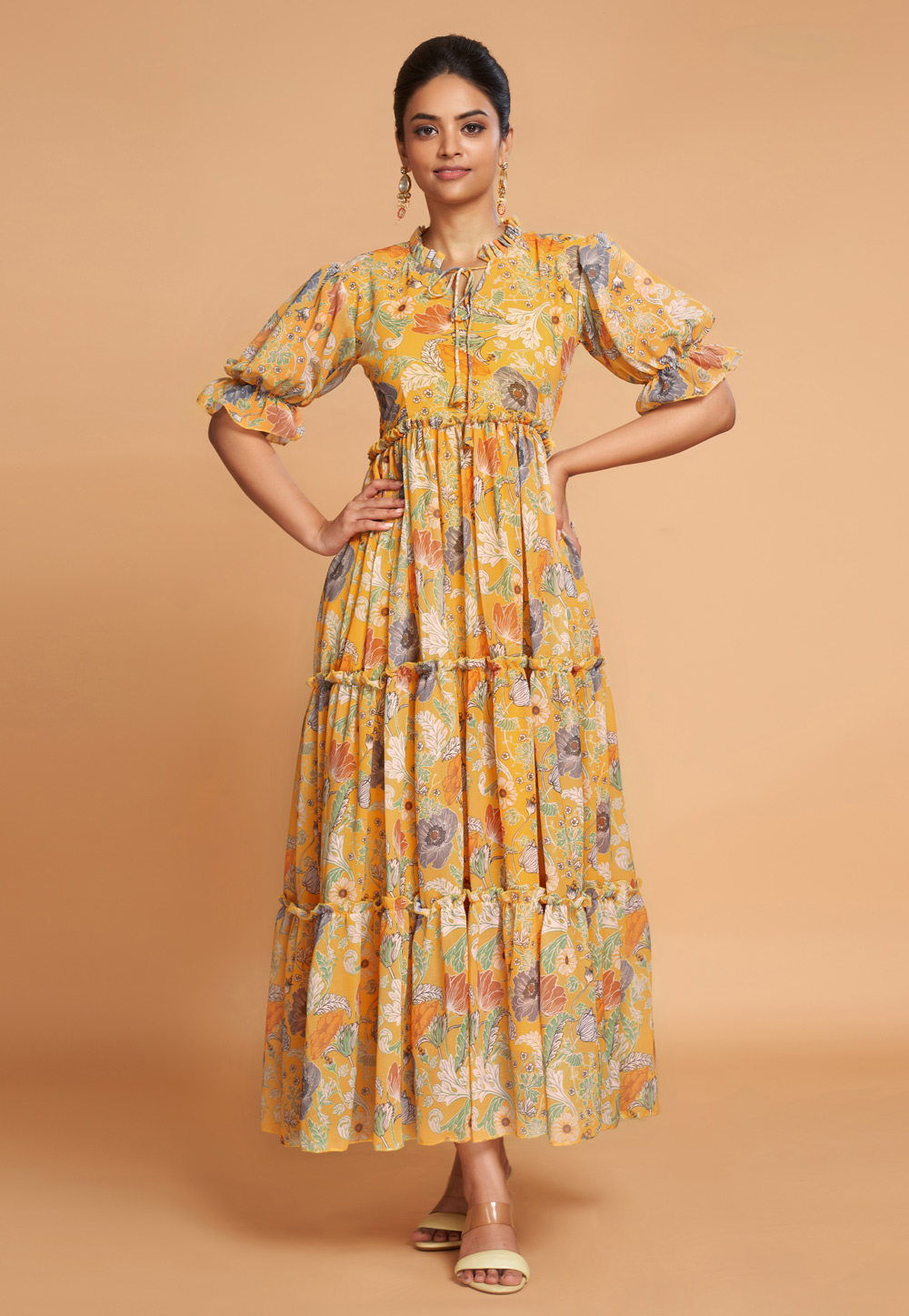 Yellow Faux Georgette Printed Gown 270879