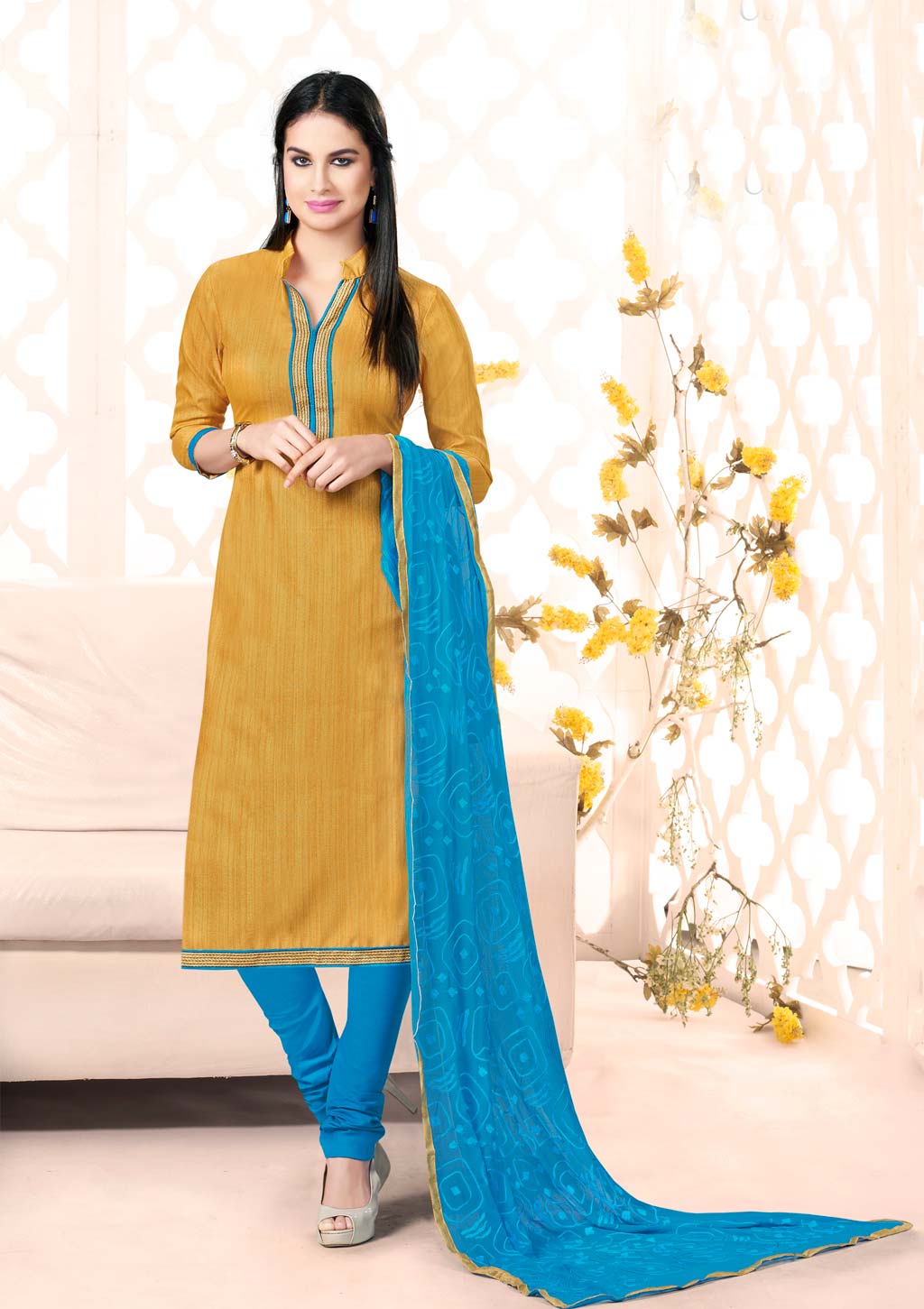 Mustard Bhagalpuri Silk Churidar Suit 59959