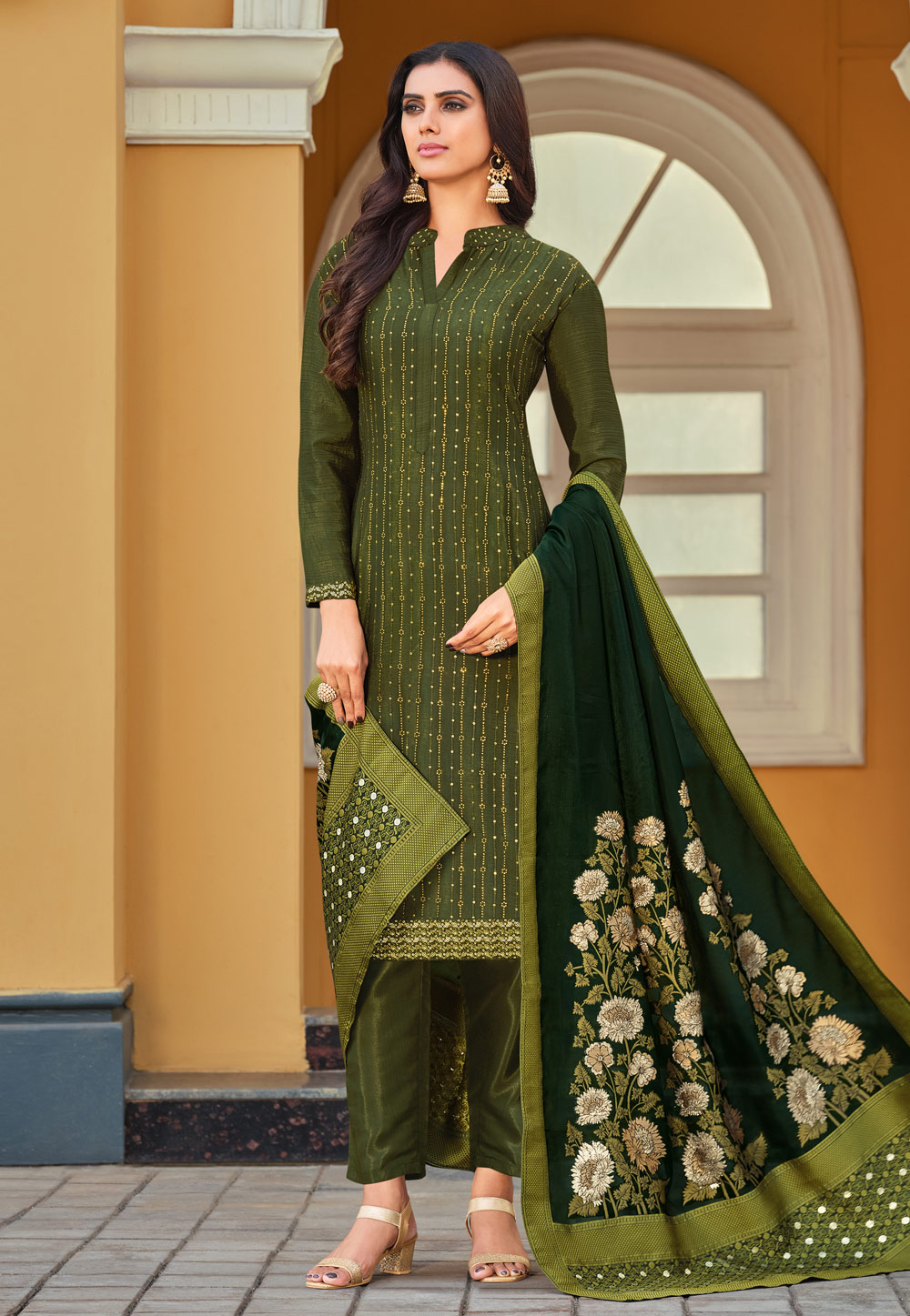 Attractive Party Wear Mehendi Green Color Viscose Fabric Embroidered  Straight Cut Salwar Suit