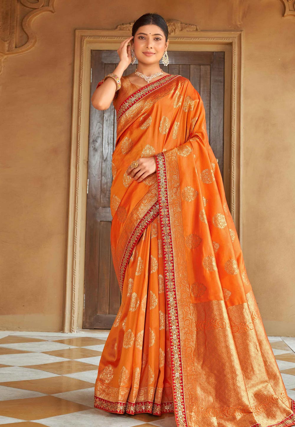Orange Banarasi Silk Saree With Blouse 249073