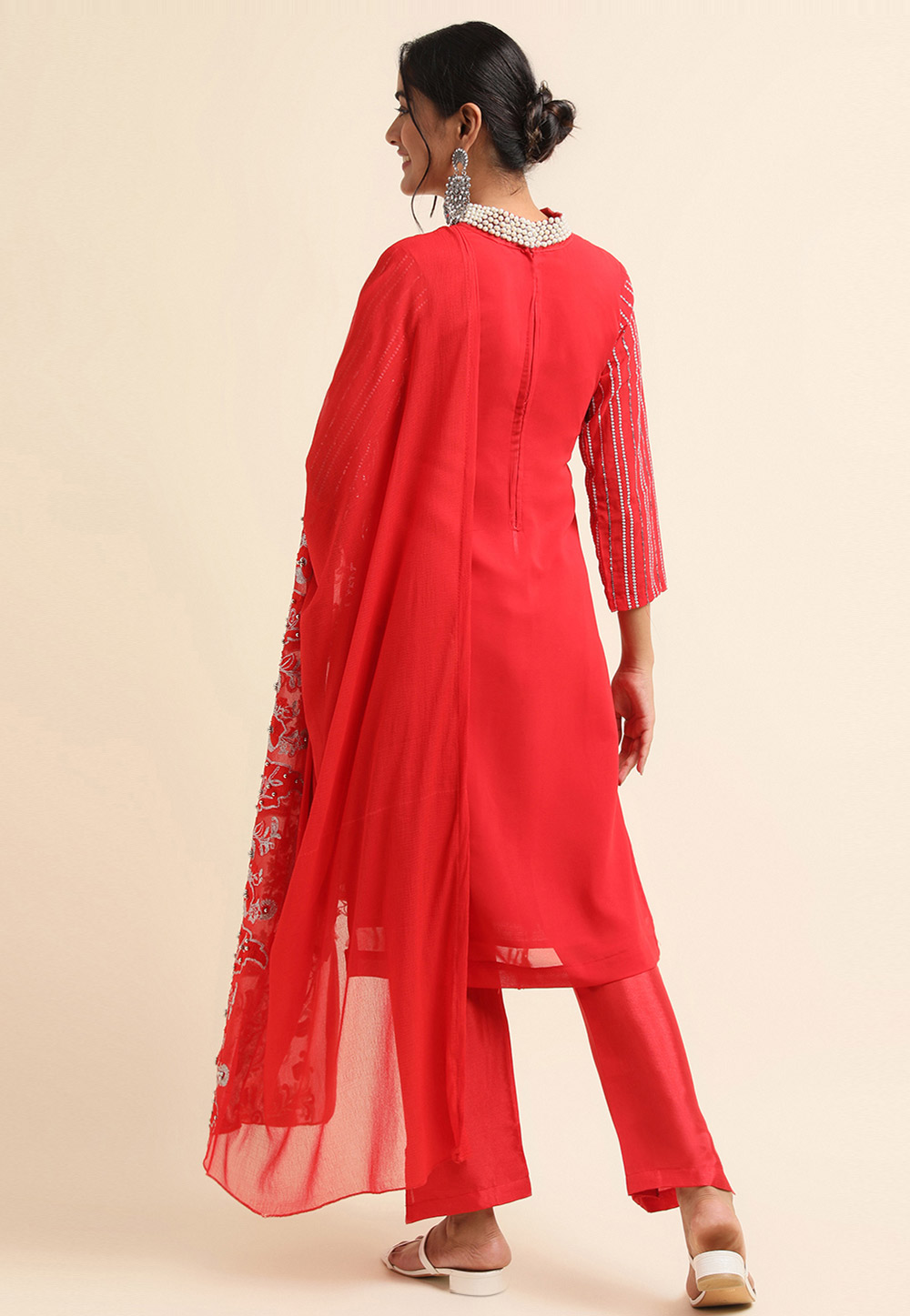 Red Georgette Pant Style Suit With Dupatta