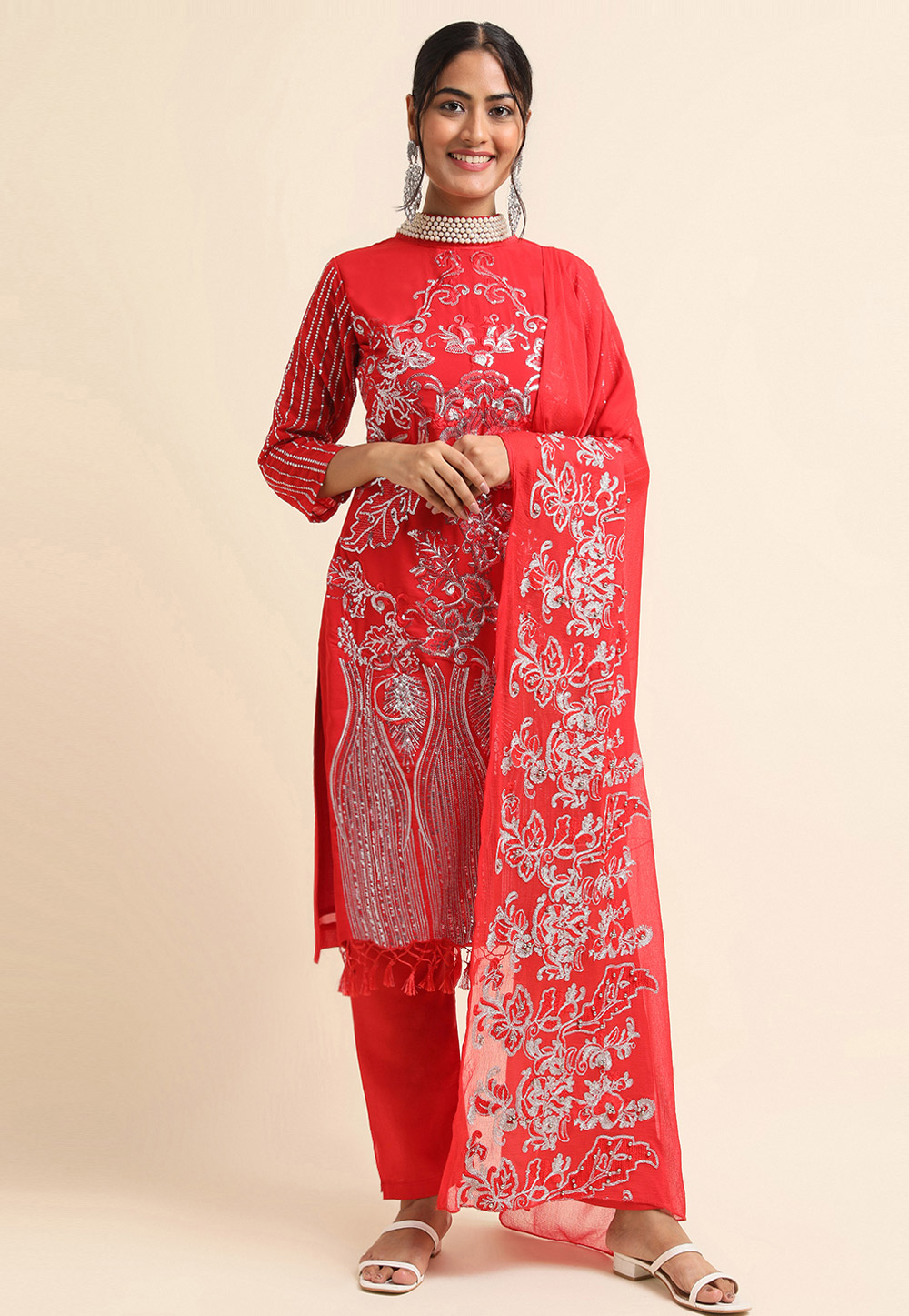 Red Faux Georgette Pant Style Suit 271700