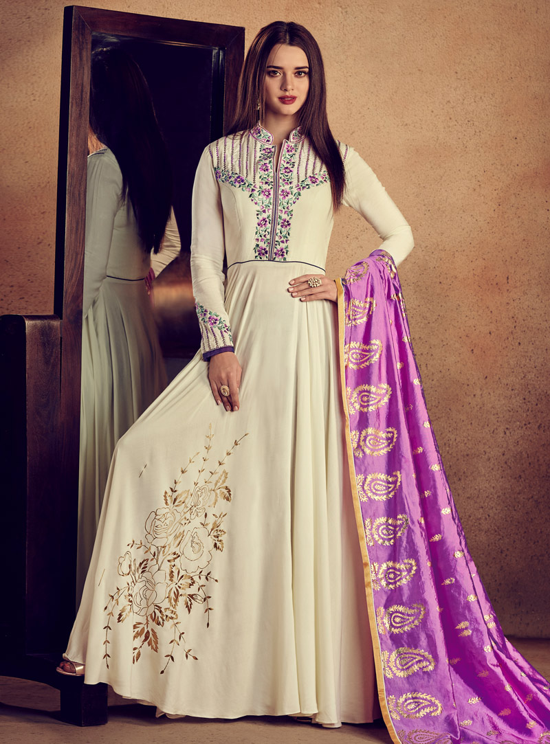 Off White Rayon Readymade Long Anarkali Suit 142263