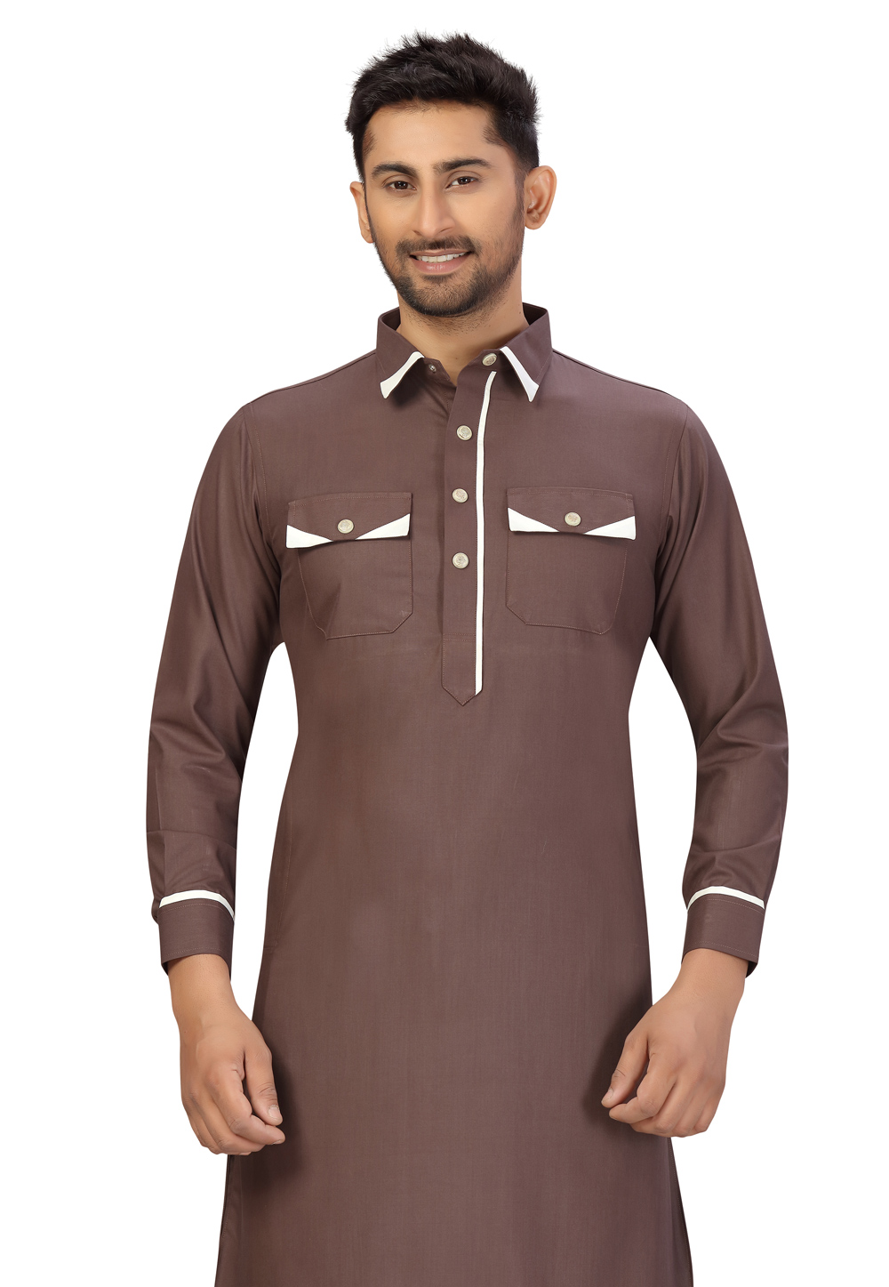 501413082021 Brown Cotton Pathani Suit 1