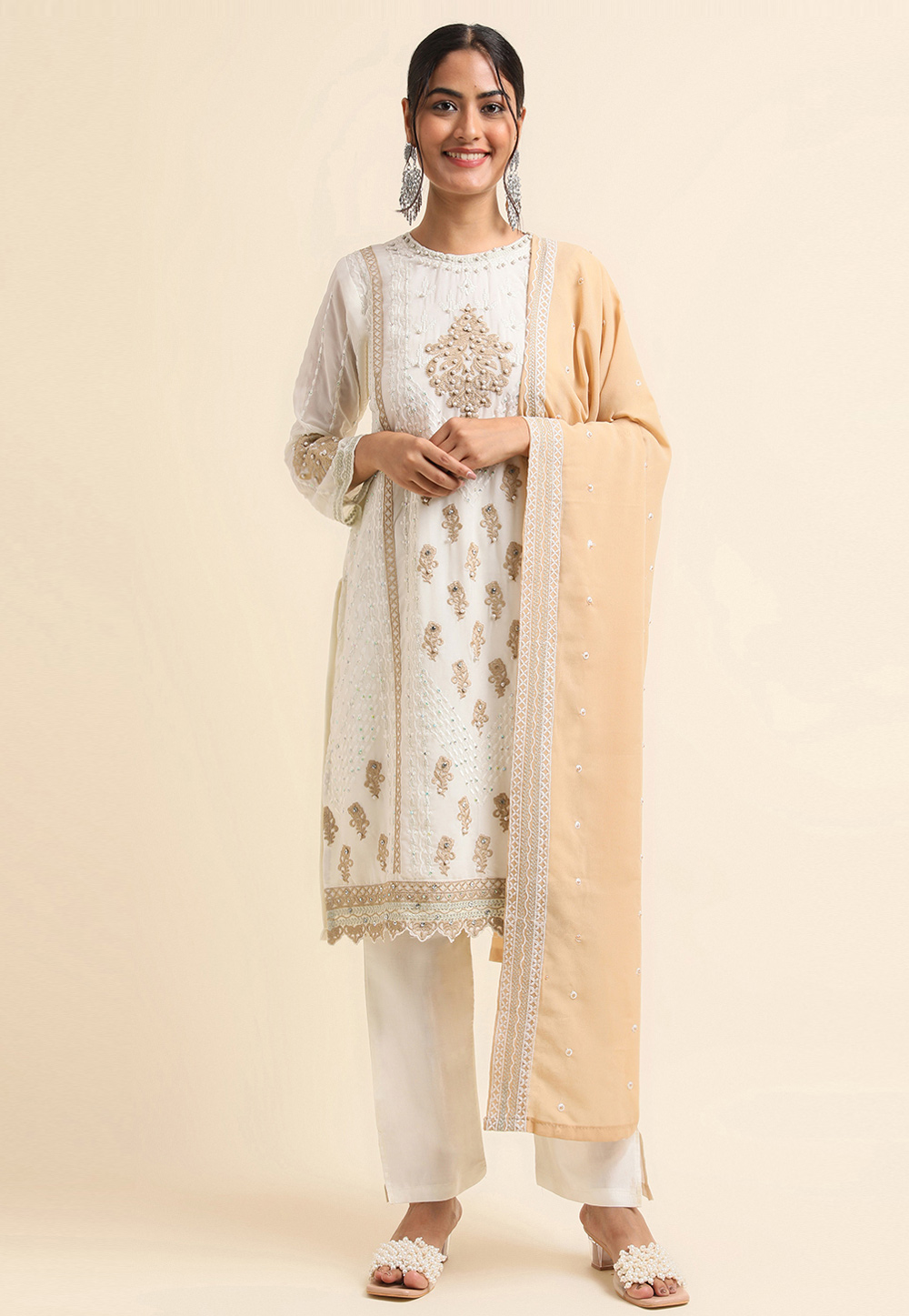 Off White Faux Georgette Pant Style Suit 271702