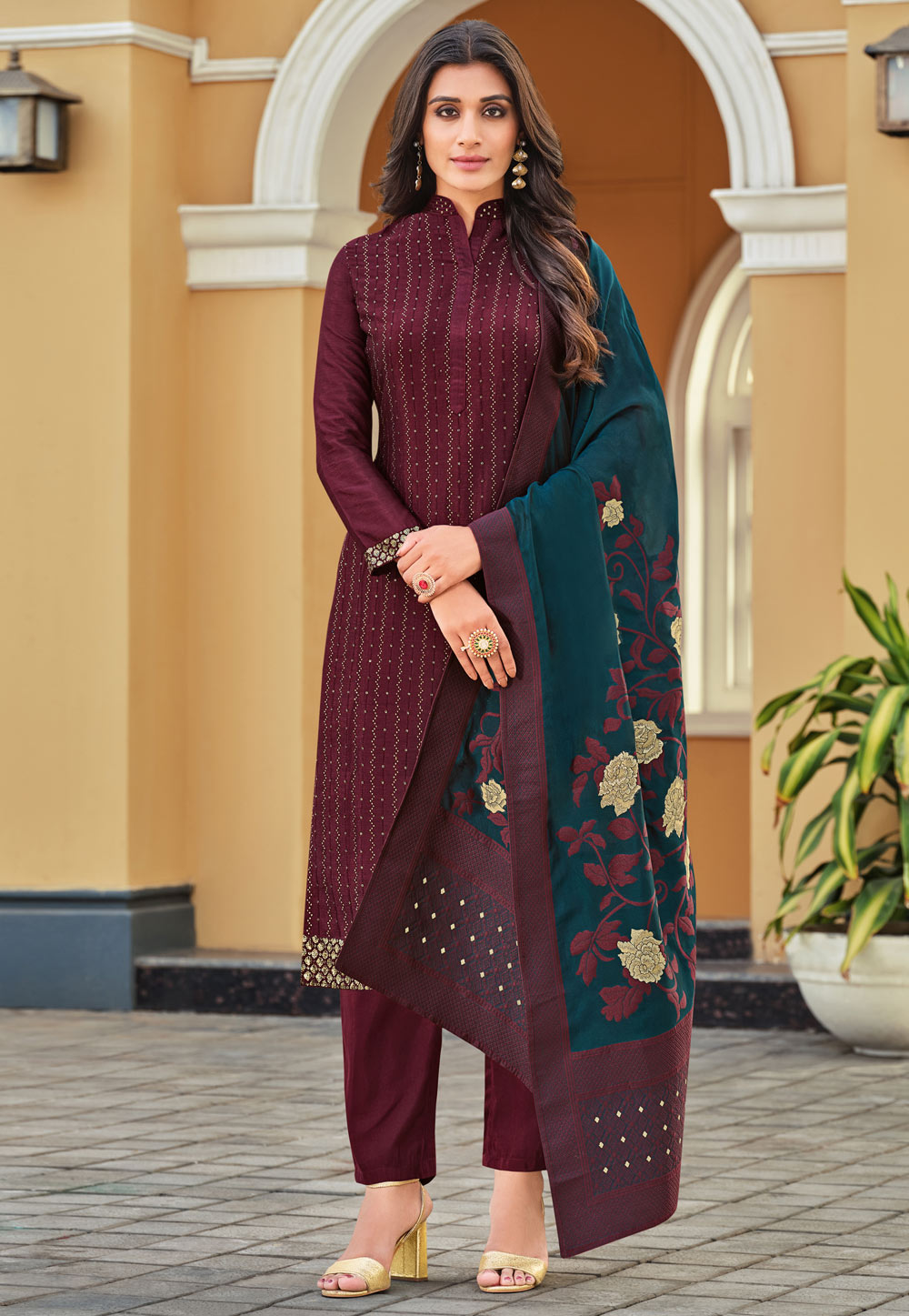 Maroon Chinon Pant Style Suit 248856