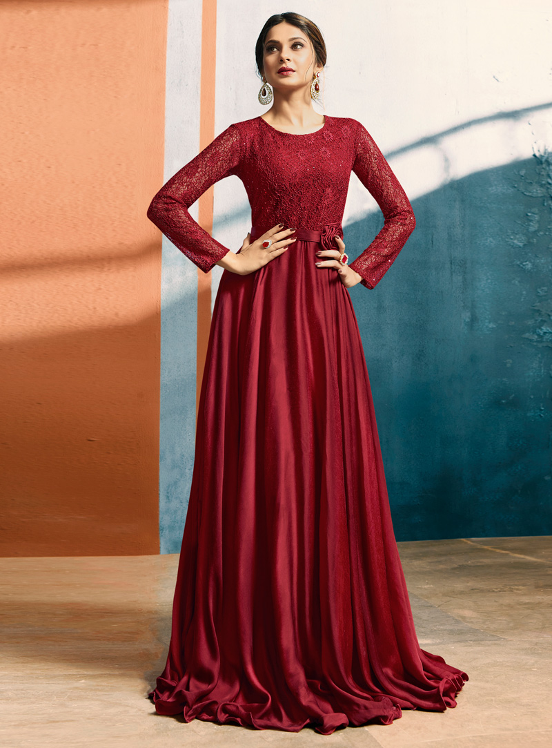 Jennifer Winget Red Jacquard Long Gown 133652