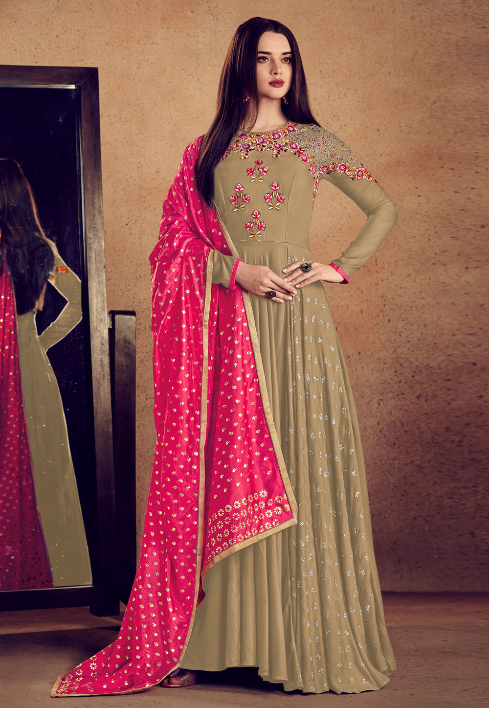 Beige Rayon Readymade Ankle Length Anarkali Suit 163345