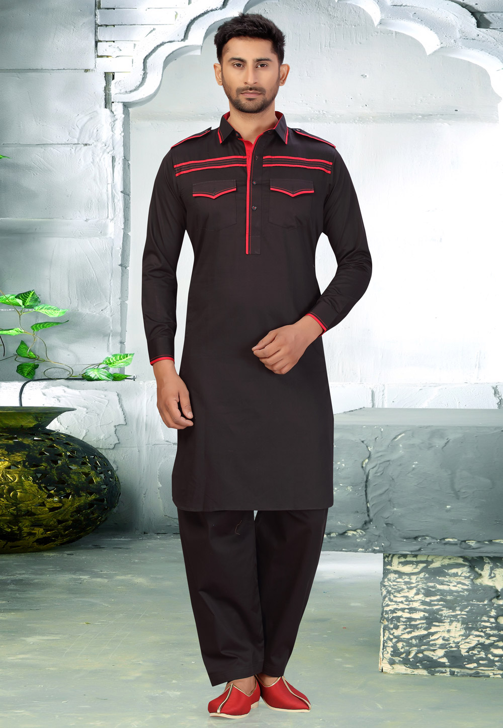 Black Cotton Pathani Suit 231045