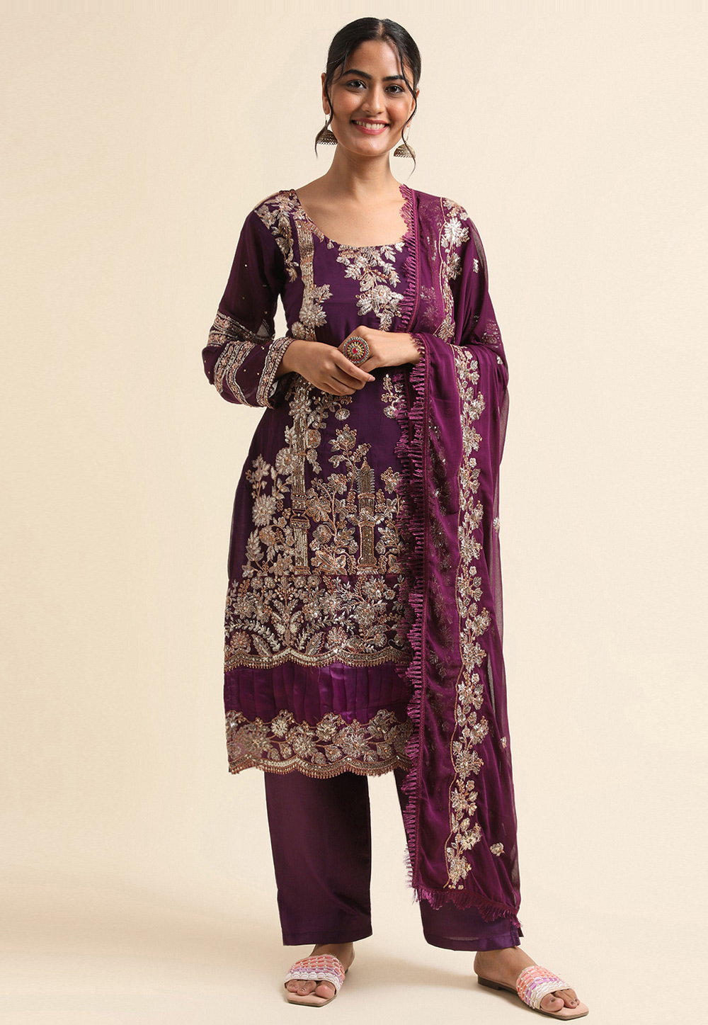 Purple Faux Georgette Pant Style Suit 271704