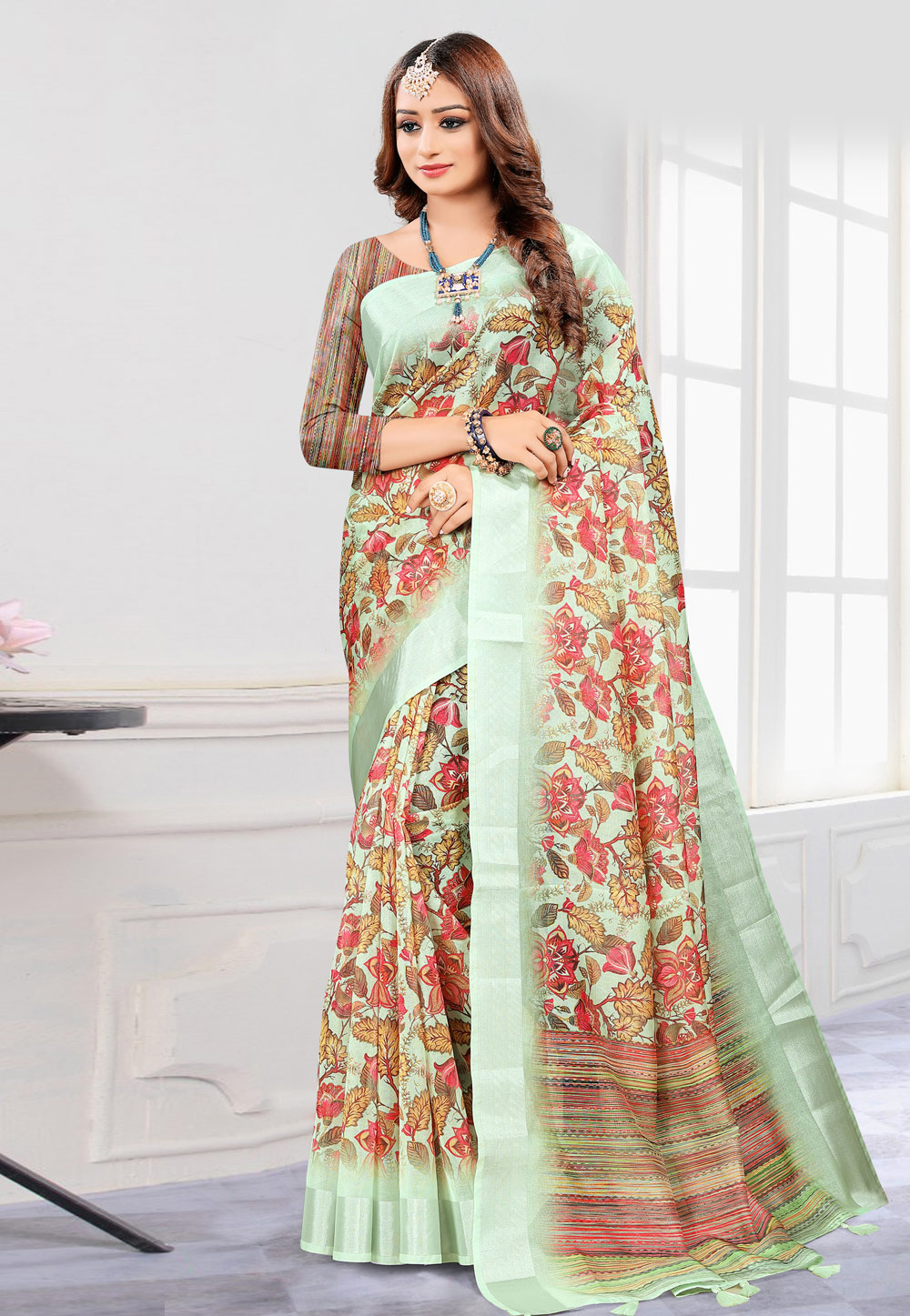 Light Green Linen Printed Saree With Blouse 228384