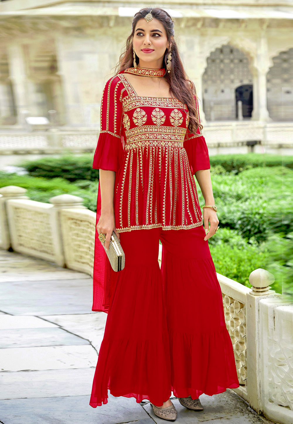 Red Georgette Embroidered Sharara Suit 236468