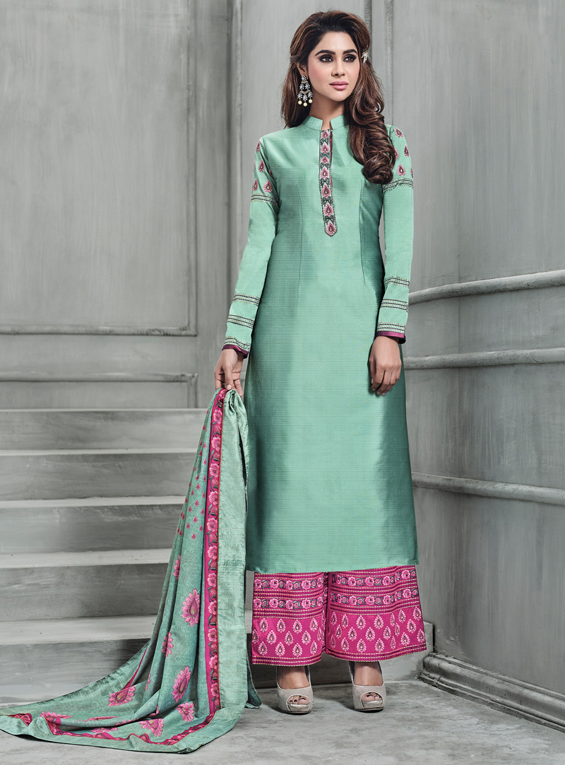 Sea Green Banarasi Silk Readymade Pakistani Style Suit 129802