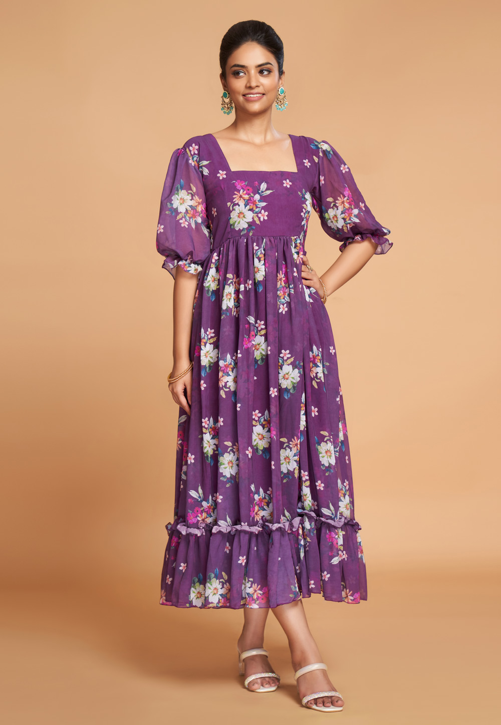Purple Faux Georgette Printed Gown 270880
