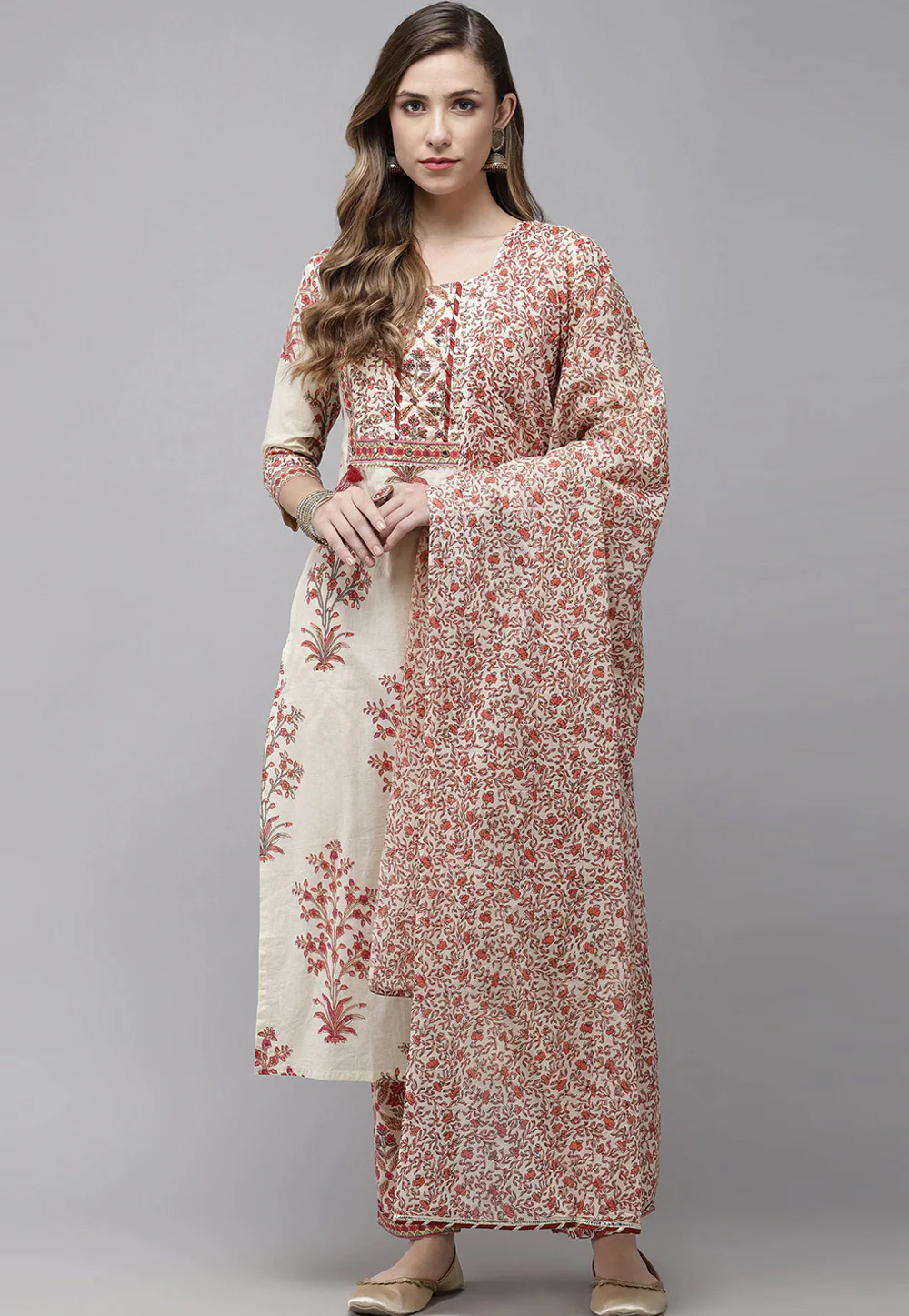 Cream Cotton Readymade Pakistani Suit 274101