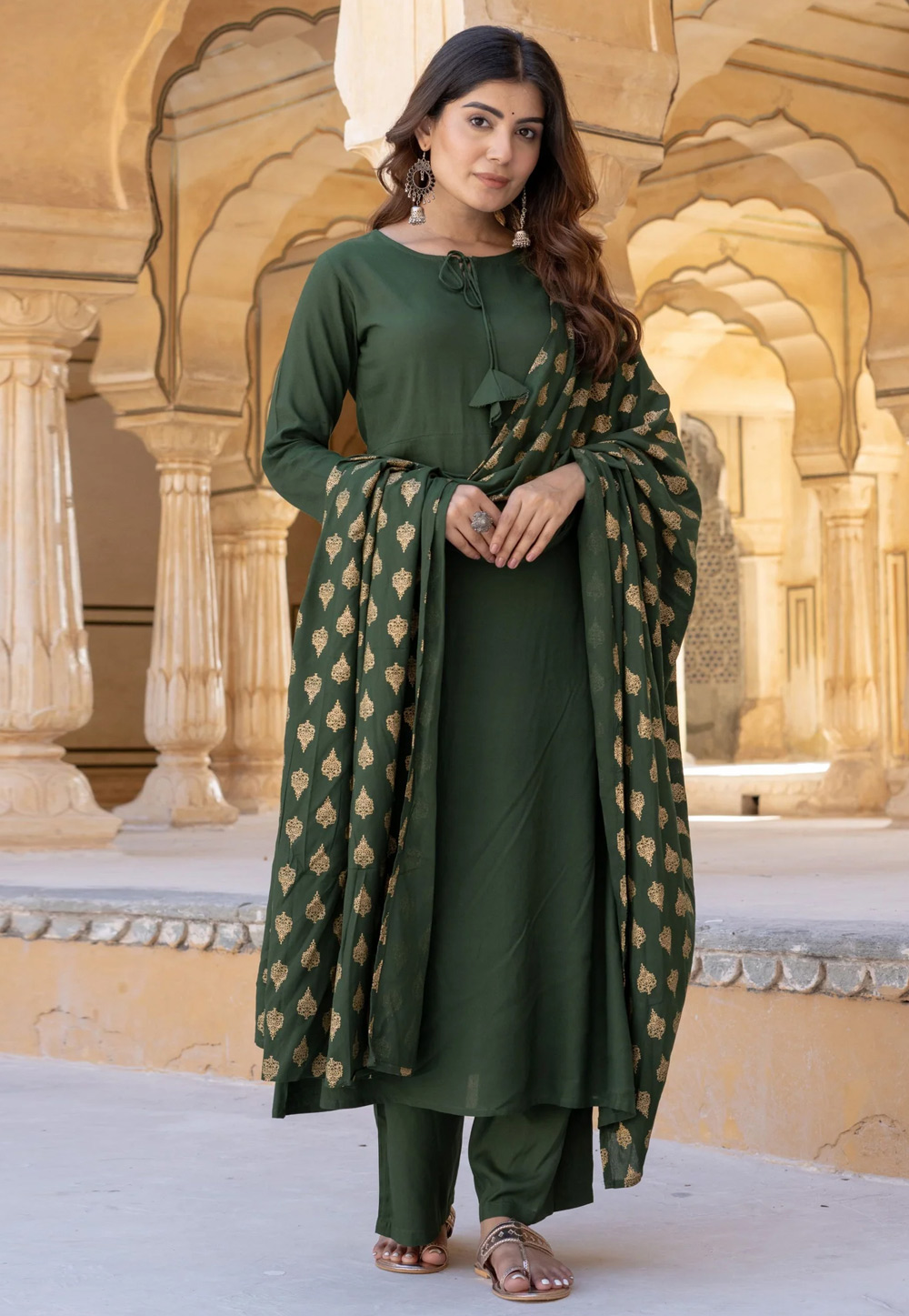 Green Viscose Rayon Readymade Palazzo Suit 274102