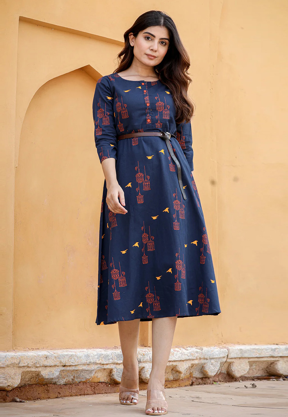 Navy Blue Cotton Printed Long Kurti 274103