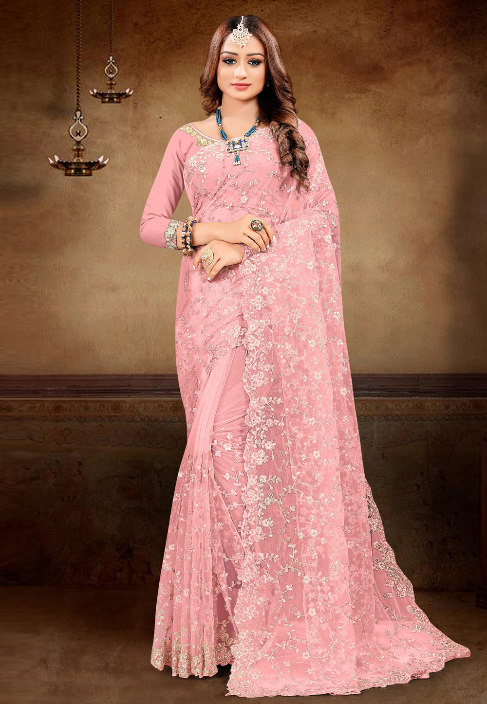 Pink Net Saree With Blouse 226114