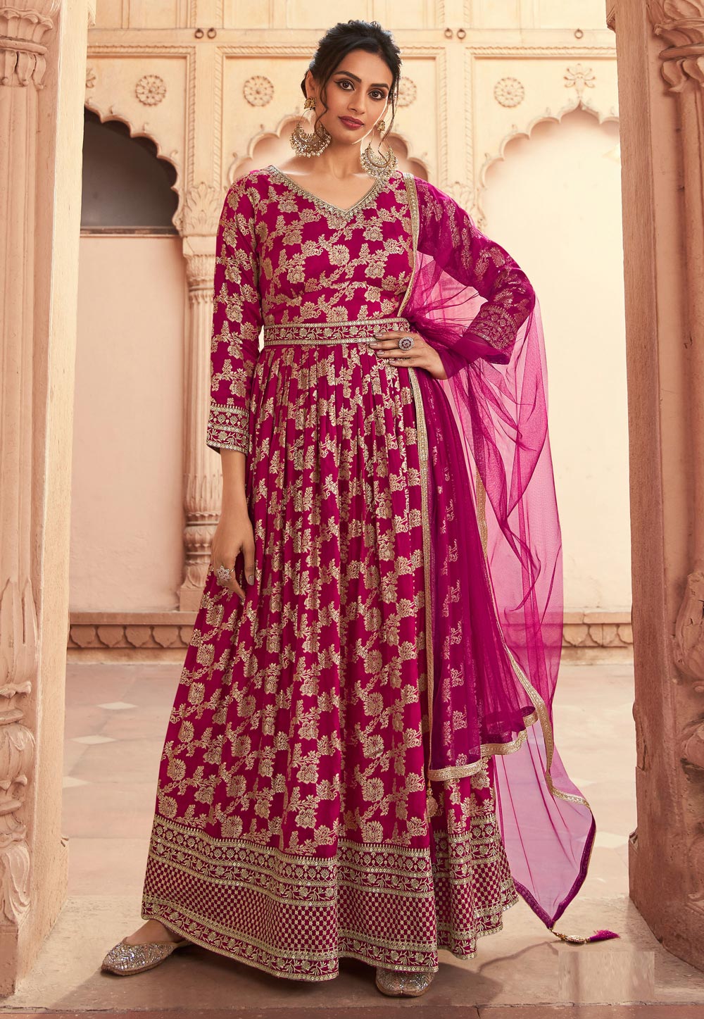 Pink Jacquard Silk Embroidered Long Anarkali Suit 266388