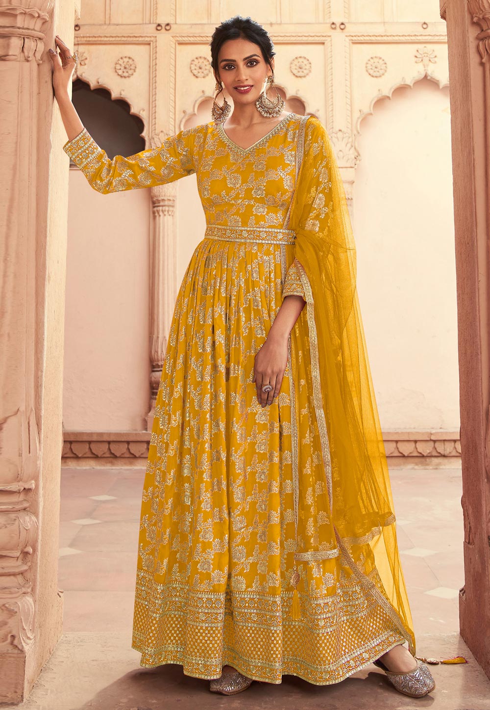 Mustard Jacquard Silk Embroidered Abaya Style Anarkali Suit 266389
