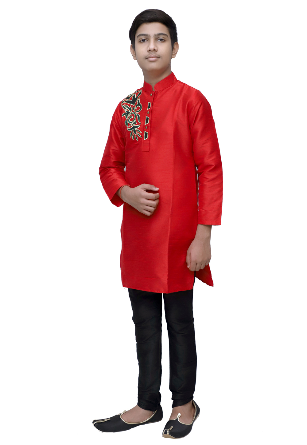Red Dupion Silk Readymade Kids Kurta Pajama 211346