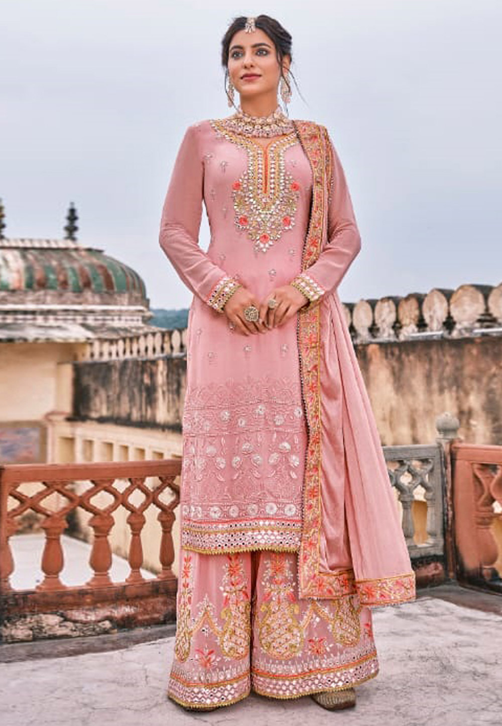 Pink Georgette Embroidered Kameez With Palazzo 236246