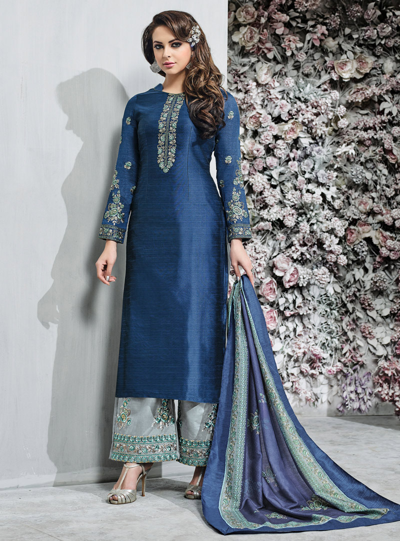 Navy Blue Banarasi Silk Readymade Palazzo Style Suit 129803