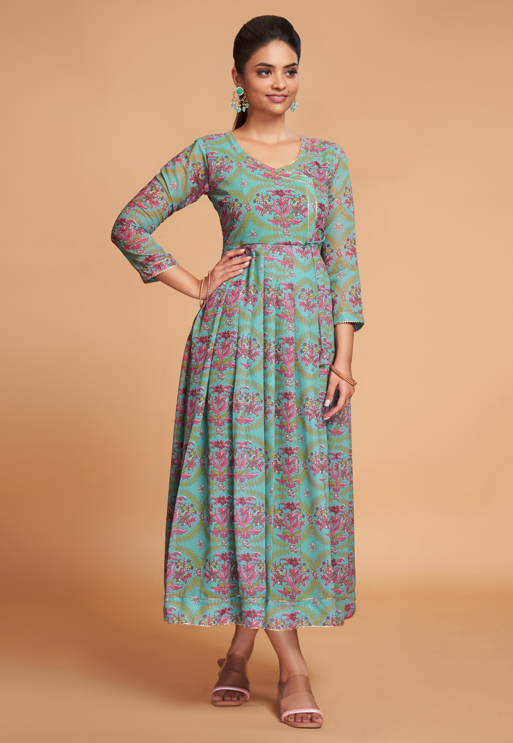 Sea Green Faux Georgette Printed Gown 270881