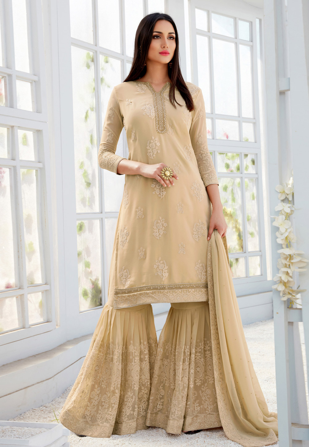 Beige Georgette Embroidered Sharara Suit 166006