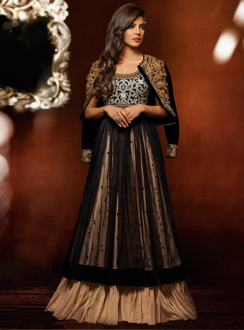Priyanka Chopra Black and Beige Layer Cut Anarkali Suit 40555