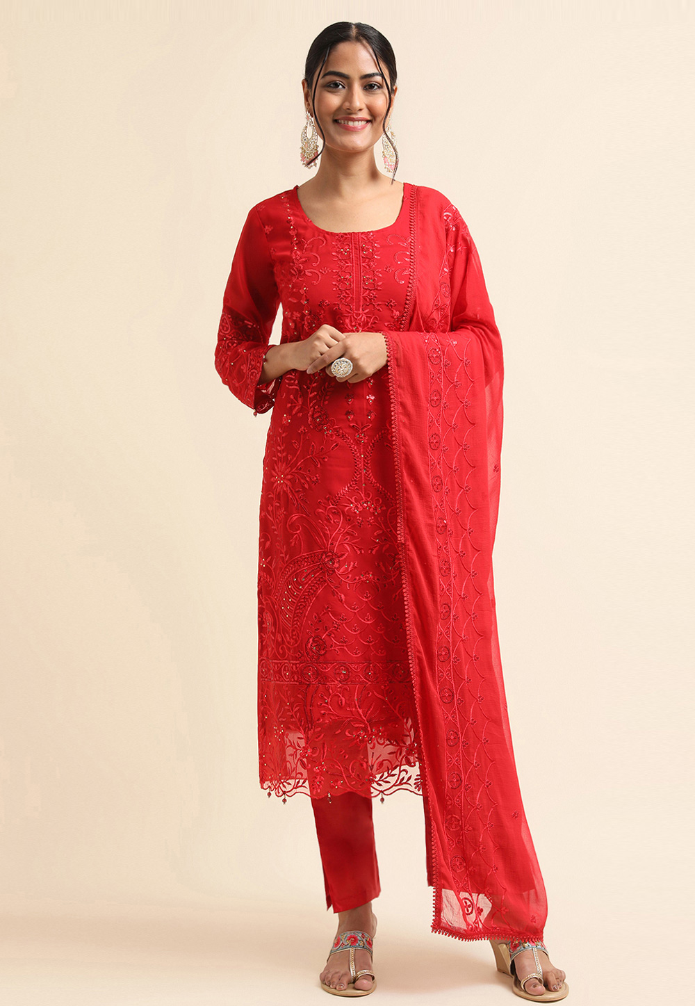 Red Faux Georgette Pant Style Suit 271723