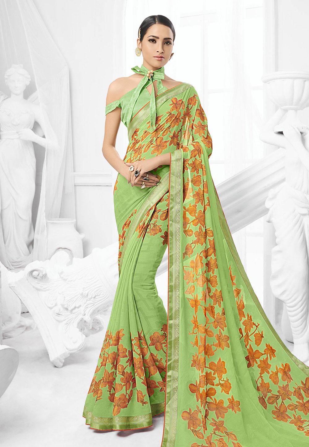 Pista Green Chiffon Saree With Off Shoulder Blouse 154063