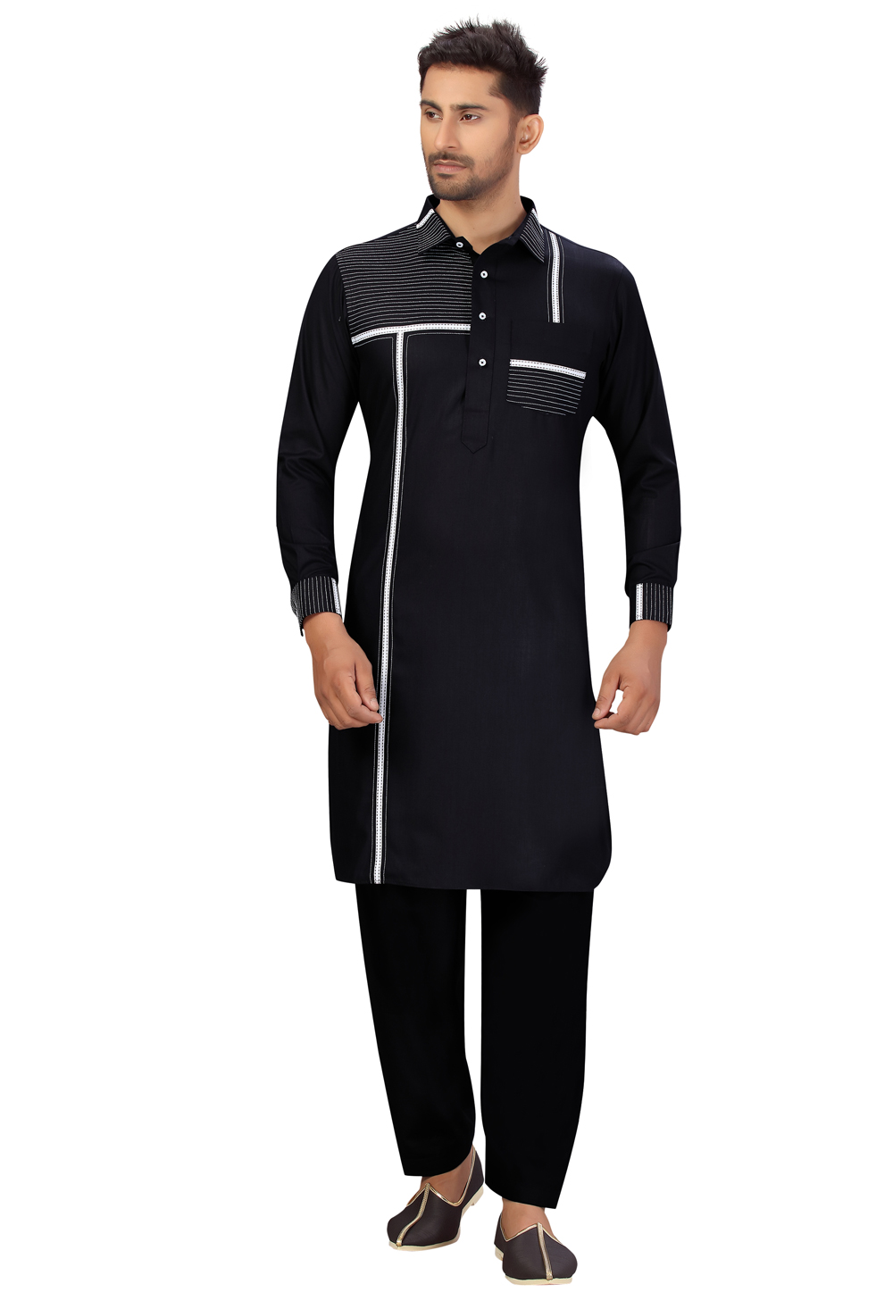 Black Cotton Pathani Suit 231065