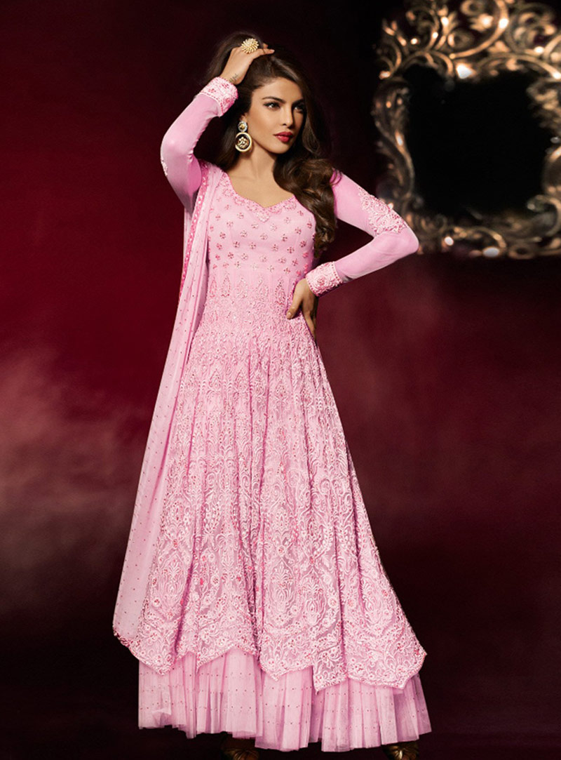 Priyanka Chopra Pink Net Long Anarkali Suit 78381