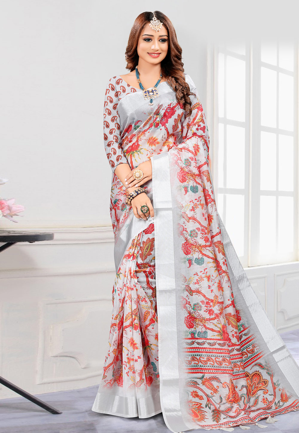 Grey Linen Printed Saree With Blouse 228386