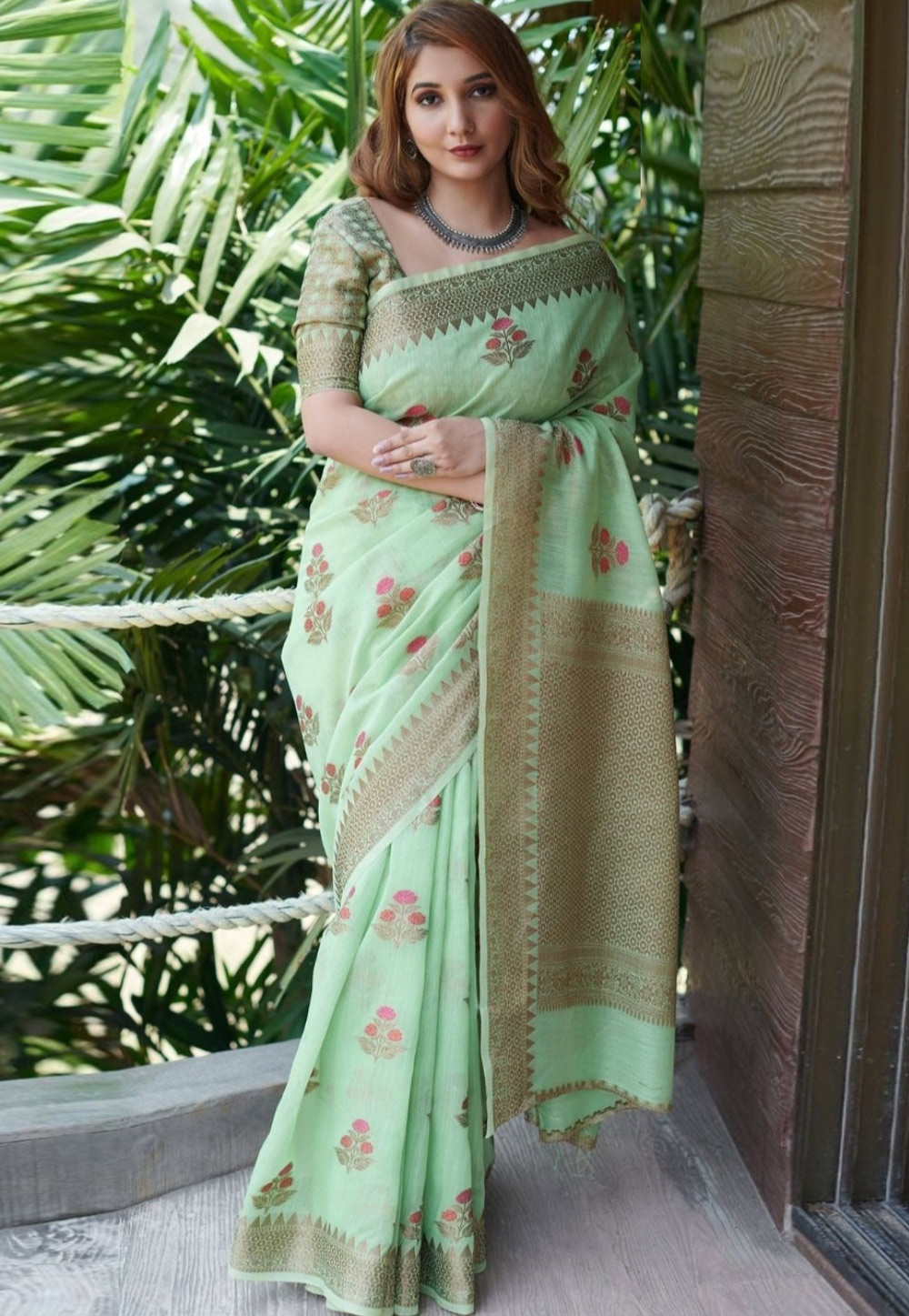 Light Green Linen Saree With Blouse 225390