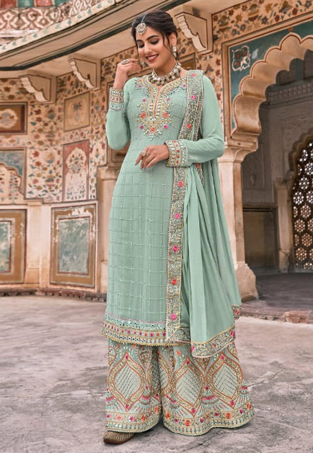 Light Green Georgette Embroidered Palazzo Suit 236247