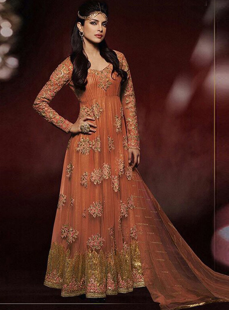 Priyanka Chopra Orange Net Floor Length Anarkali Suit 87335