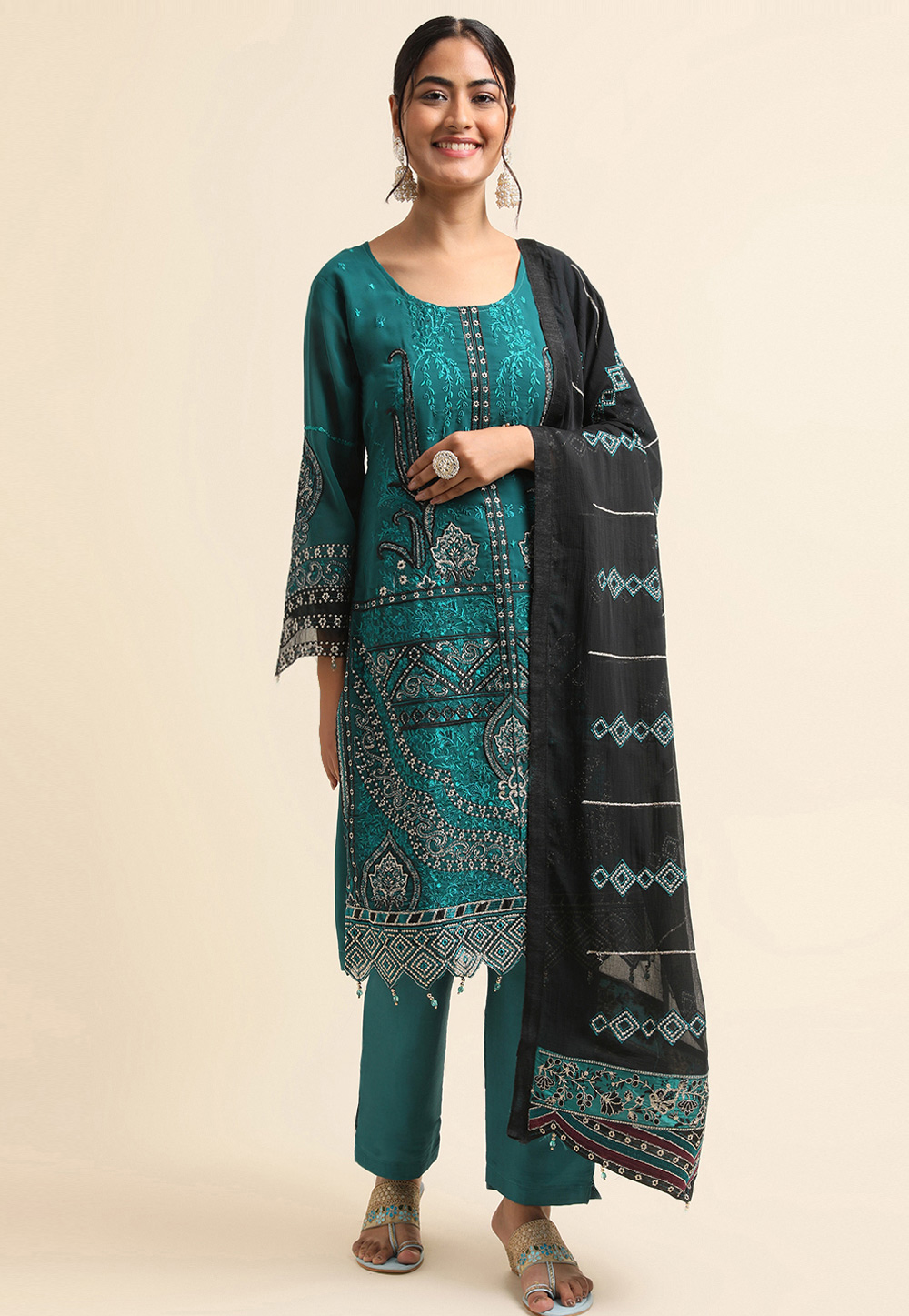 Teal Faux Georgette Pant Style Suit 271729