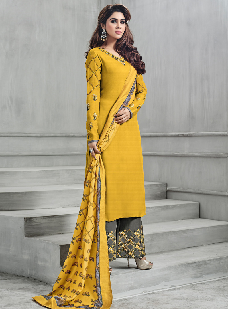 Yellow Banarasi Silk Readymade Pakistani Style Suit 129804