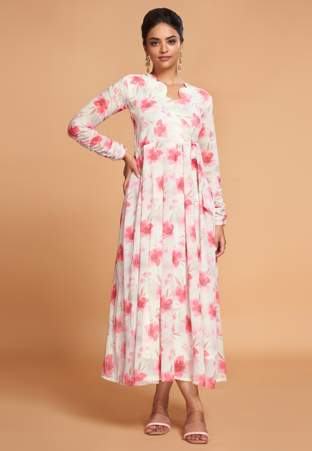 White Faux Georgette Printed Gown 270882