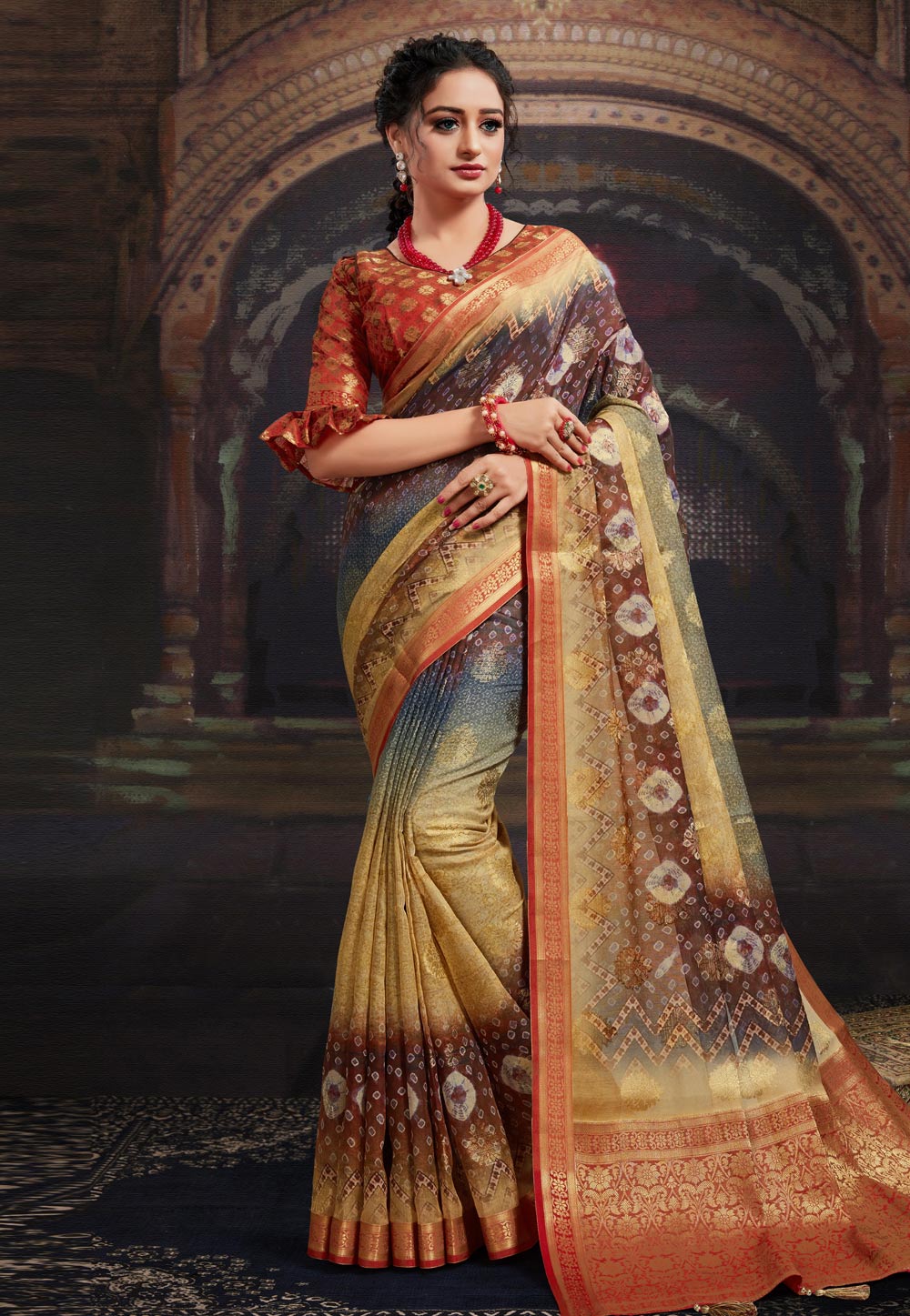 Brown Chanderi Jacquard Printed Saree With Blouse 227312