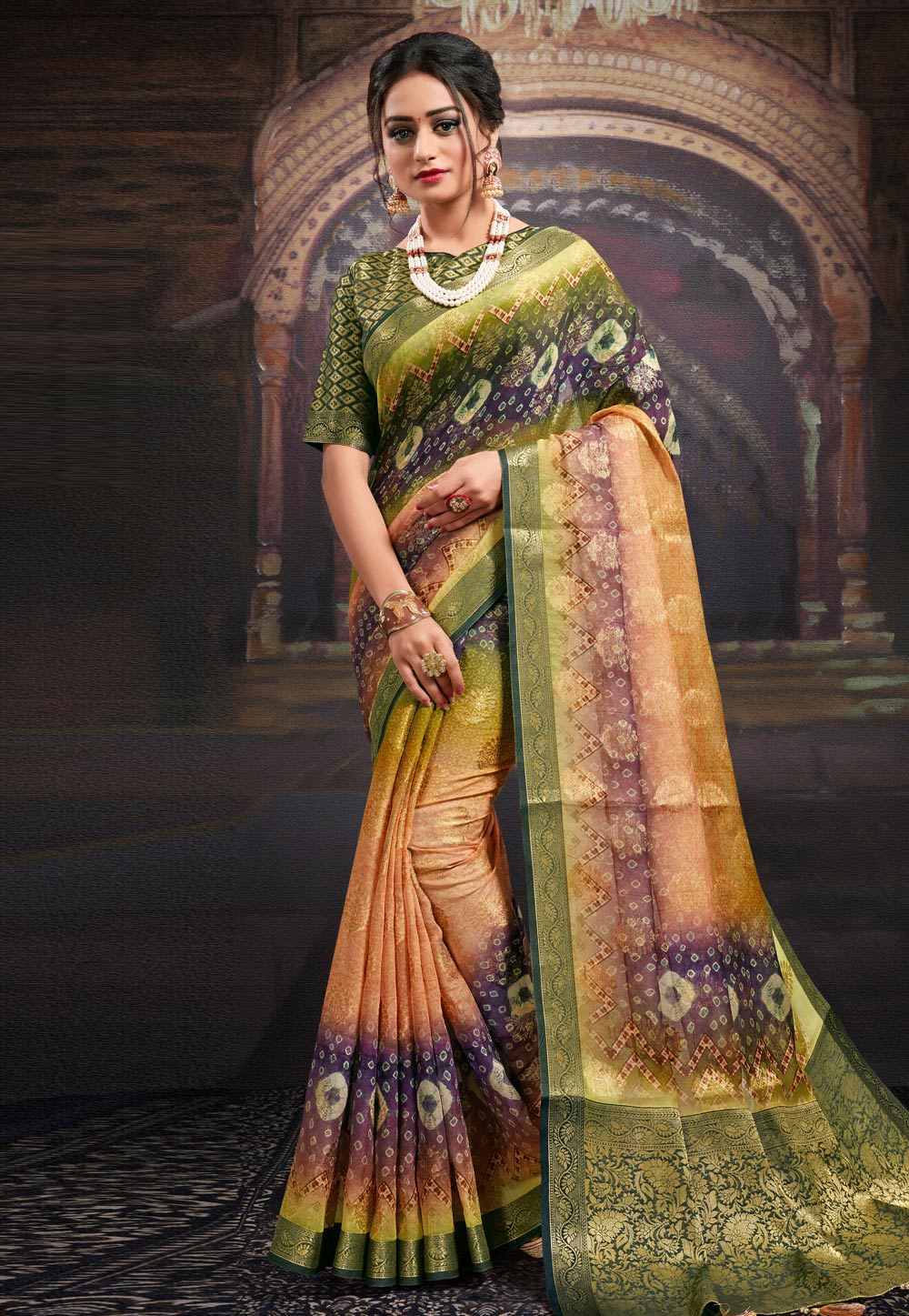 Green Chanderi Jacquard Printed Saree With Blouse 227313