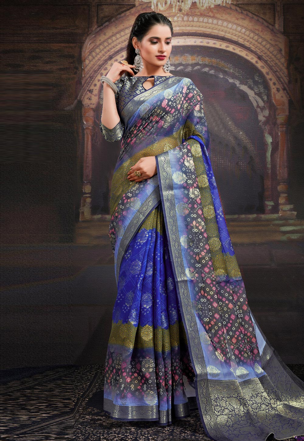 Blue Chanderi Jacquard Printed Saree With Blouse 227317