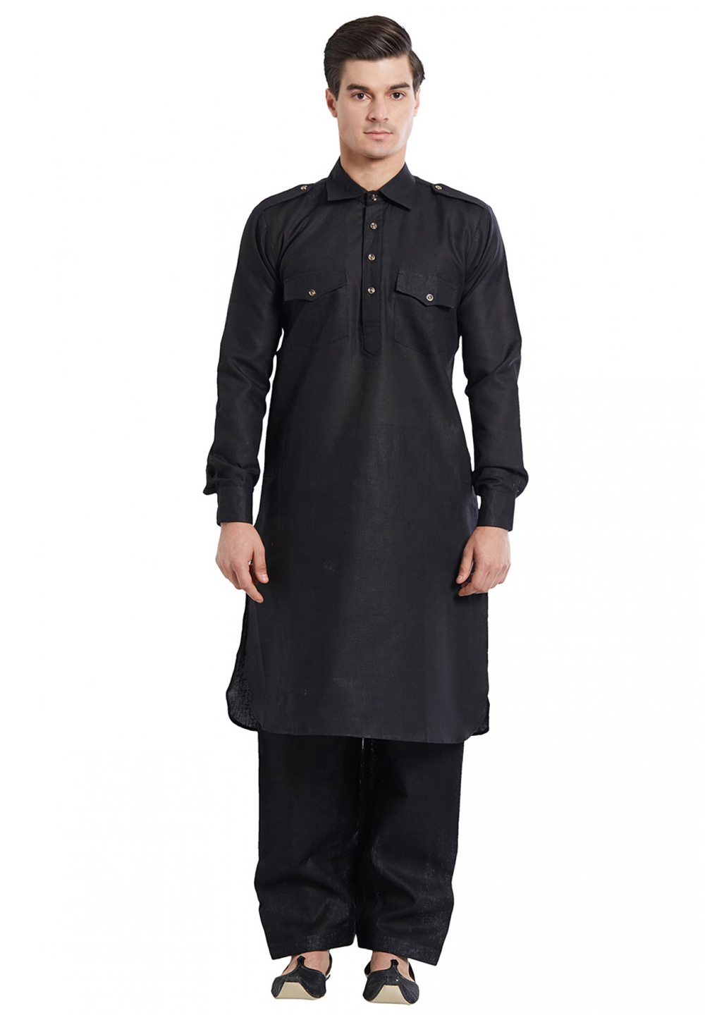 Black Cotton Linen Pathani Suit 231078