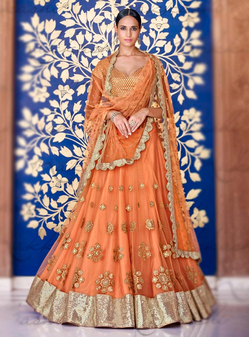 Orange Net Wedding Lehenga Choli 63017