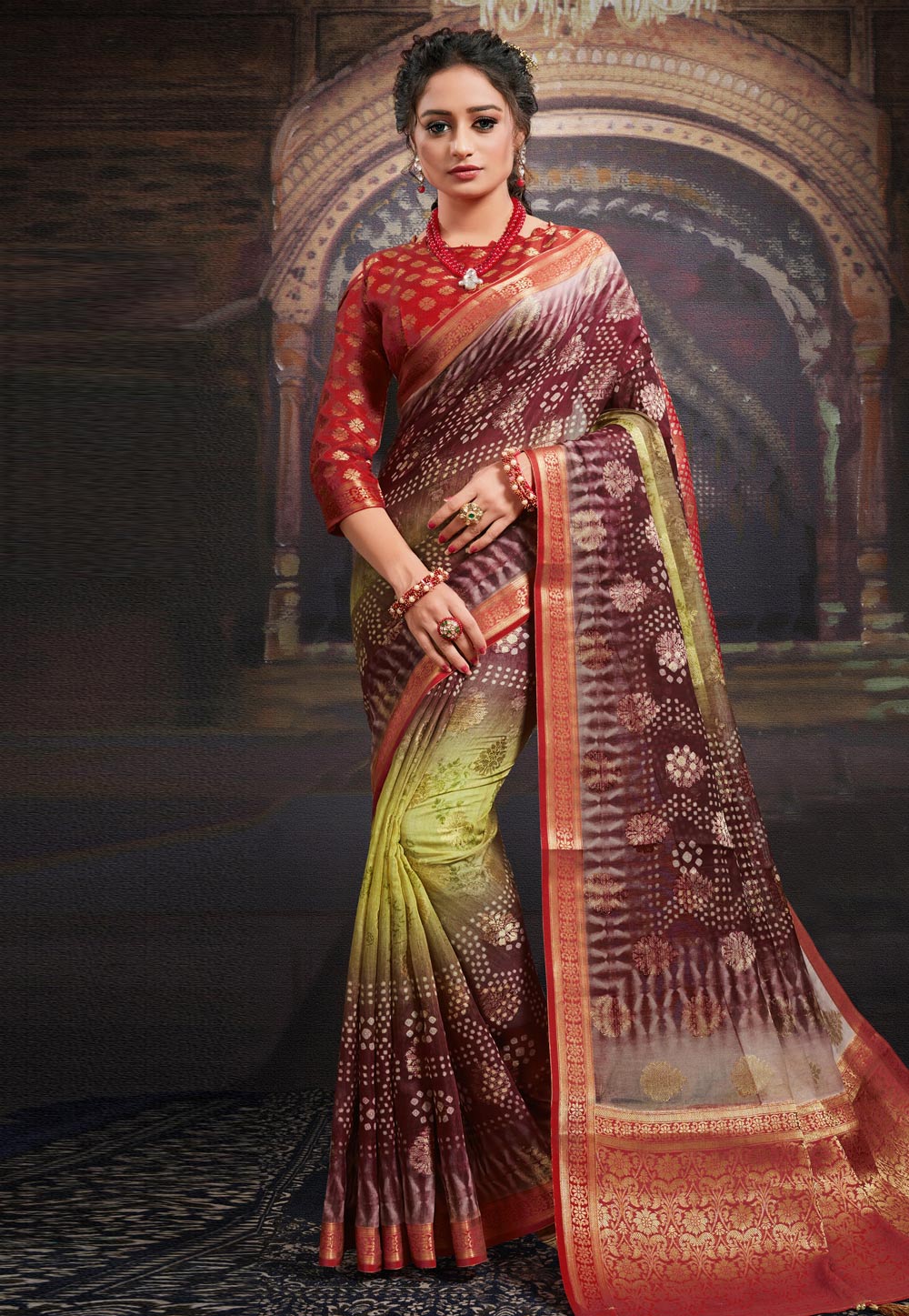 Maroon Chanderi Jacquard Printed Saree With Blouse 227319