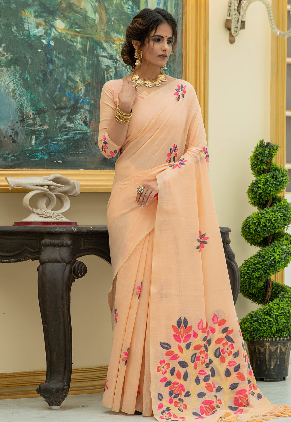 Peach Linen Printed Saree With Blouse 225382